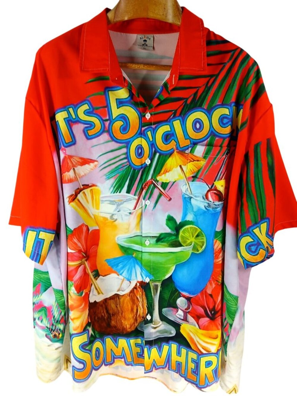 Aloha Mens 5 OClock Short Sleeve Hawaiian Shirt Size 5XL Red Multicolor Tropical